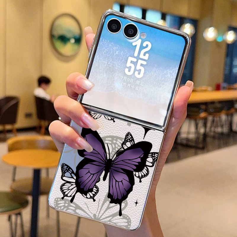 Phone Cases Z Flip 5 - Paarse vlinder PU lederen telefoonhoesje voor