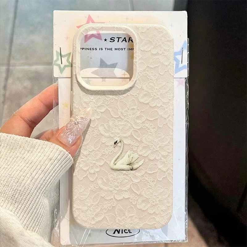 Phone Cases Iphone 14 - Telefoonhoesje met kant-zwaanpatroon en lychee-textuur voor
