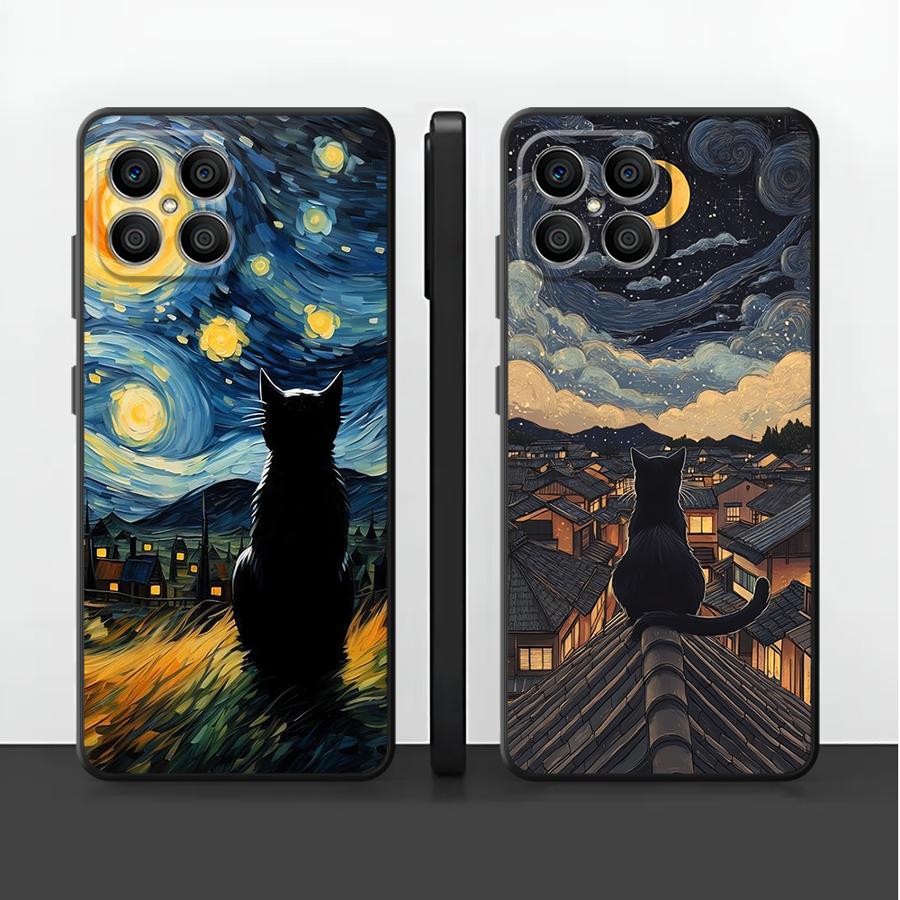 Phone Cases Honor - Van Gogh Sterrennacht Kat Hoesje voor